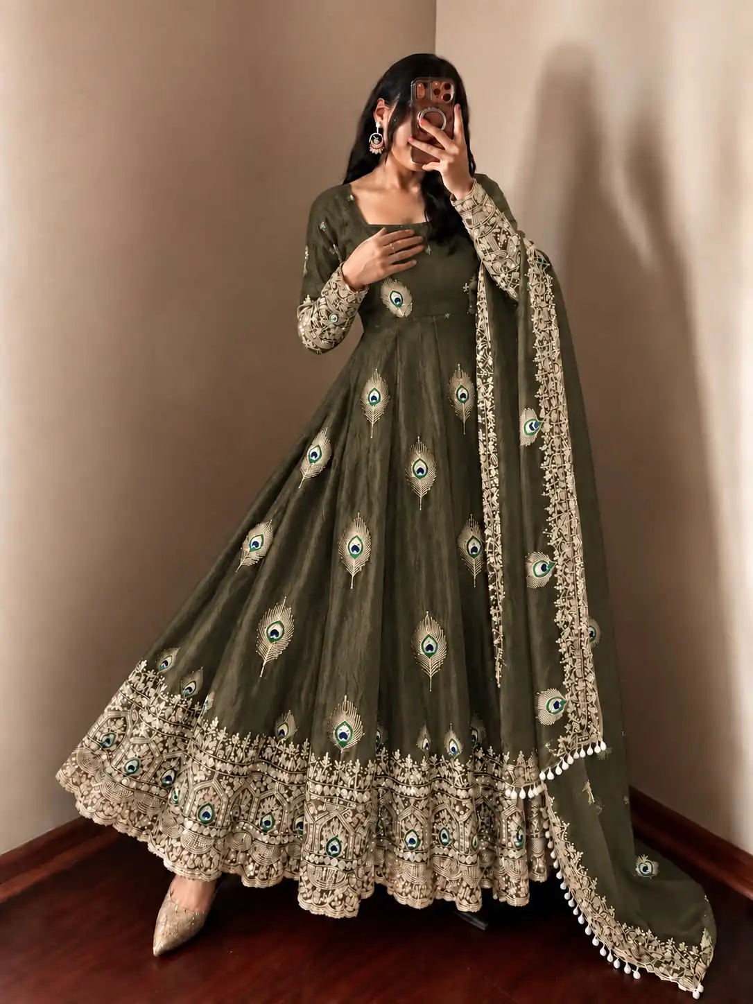 SRK 5372 Mehendi Fendy Silk Gown with Embroidery Work & Sequins Work. Special Price ₹2799. Delivery 4-6 Working Days. Shop now. | Gowns, Bollywood Gowns, Creative Gowns, Designer Gowns, Embroidered Gowns, Party Wear Gowns