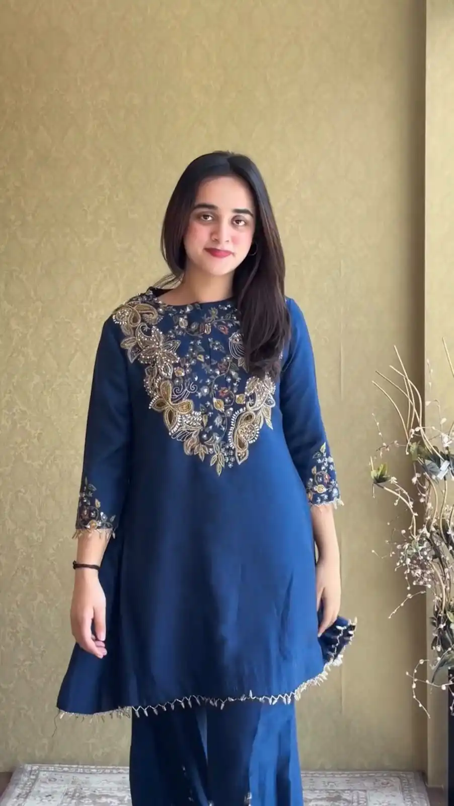 ST 1206 Navy Blue Malay Crepe Kurti with Embroidery Work & Bead Work. Available at ₹2199 only. Delivery 4-6 Working Days. Shop now. | Kurti, Bollywood Kurti, Creative Kurtis, Designer Kurti, Party Wear Kurti, Selfie Kurti