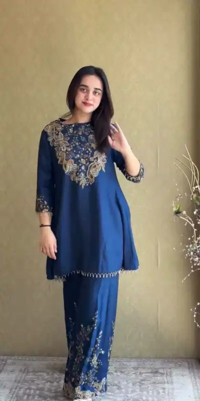 ST 1206 Navy Blue Malay Crepe Kurti with Embroidery Work & Bead Work. Available at ₹2199 only. Delivery 4-6 Working Days. Shop now. | Kurti, Bollywood Kurti, Creative Kurtis, Designer Kurti, Party Wear Kurti, Selfie Kurti