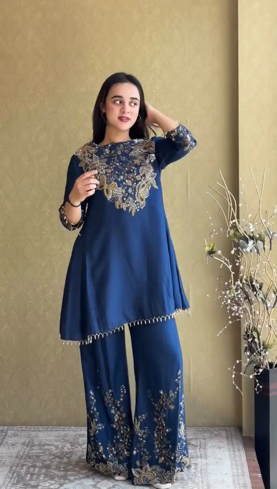 ST 1206 Navy Blue Malay Crepe Kurti with Embroidery Work & Bead Work. Available at ₹2199 only. Delivery 4-6 Working Days. Shop now. | Kurti, Bollywood Kurti, Creative Kurtis, Designer Kurti, Party Wear Kurti, Selfie Kurti