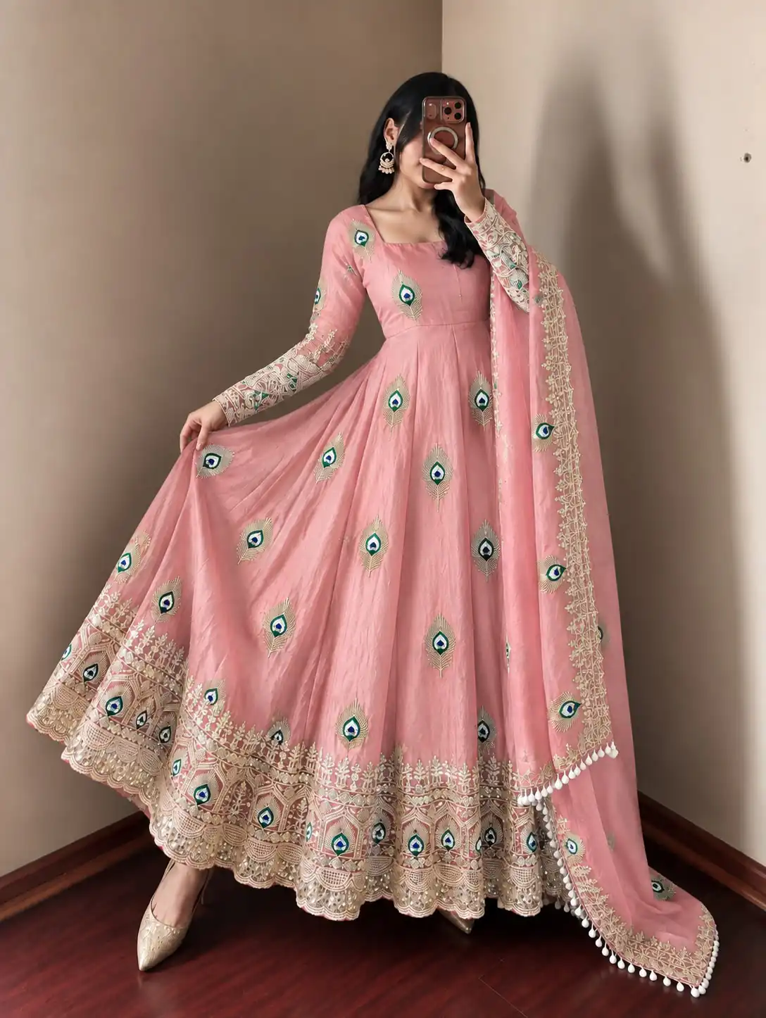 SRK 5372 Peach Fendy Silk Gown with Embroidery Work & Sequins Work. Special Price ₹2799. Delivery 4-6 Working Days. Shop now. | Gowns, Bollywood Gowns, Creative Gowns, Designer Gowns, Embroidered Gowns, Party Wear Gowns
