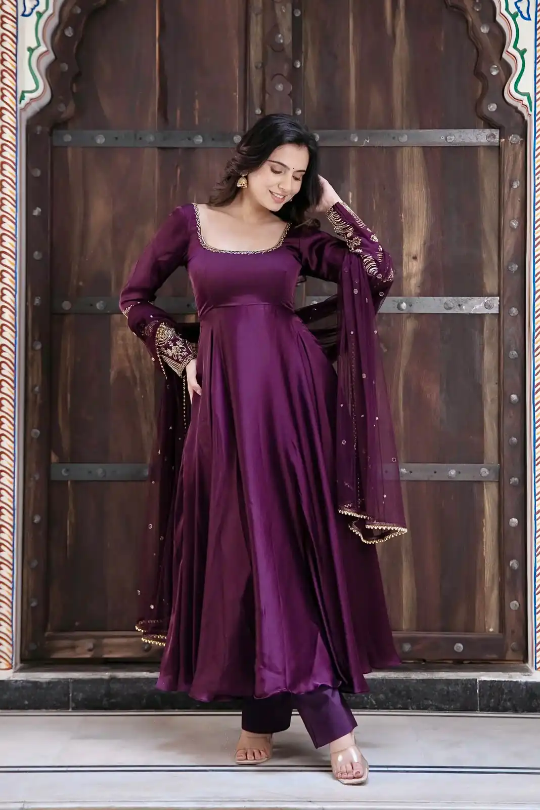 SRK 5373 Purple Upada Silk Gown Perfect for Wedding, Party, Onam, Housewarming, Durga Puja –. Grab it for ₹2199. Delivery 4-6 Working Days. Shop now. | Gowns, Bollywood Gowns, Creative Gowns, Designer Gowns, Embroidered Gowns, Party Wear Gowns