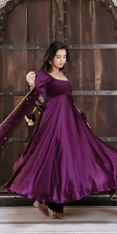 SRK 5373 Purple Upada Silk Gown Perfect for Wedding, Party, Onam, Housewarming, Durga Puja –. Grab it for ₹2199. Delivery 4-6 Working Days. Shop now. | Gowns, Bollywood Gowns, Creative Gowns, Designer Gowns, Embroidered Gowns, Party Wear Gowns