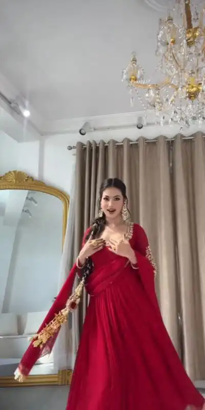 ZSR 3191 Red Faux Georgette Gown with Mirror Work & Embroidery Work. Get it for ₹2399. Delivery 4-6 Working Days. Online Shop now. | Gowns, Bollywood Gowns, Creative Gowns, Designer Gowns, Embroidered Gowns, Party Wear Gowns