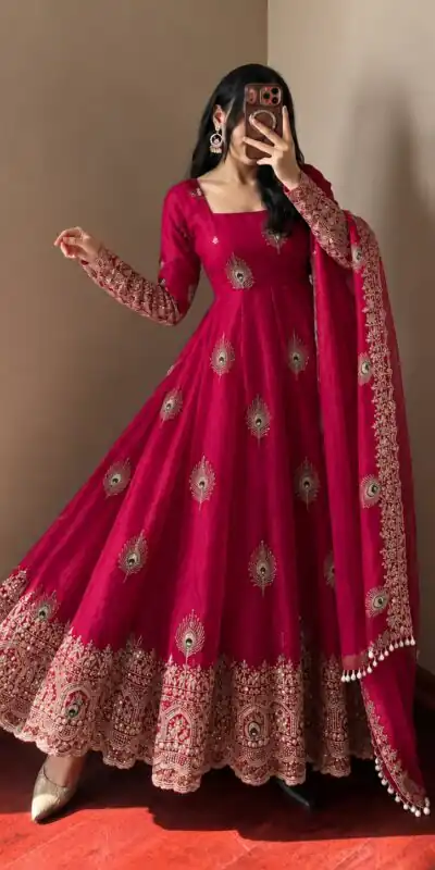 SRK 5372 Red Fendy Silk Gown with Embroidery Work & Sequins Work. Special Price ₹2799. Delivery 4-6 Working Days. Shop now. | Gowns, Bollywood Gowns, Creative Gowns, Designer Gowns, Embroidered Gowns, Party Wear Gowns