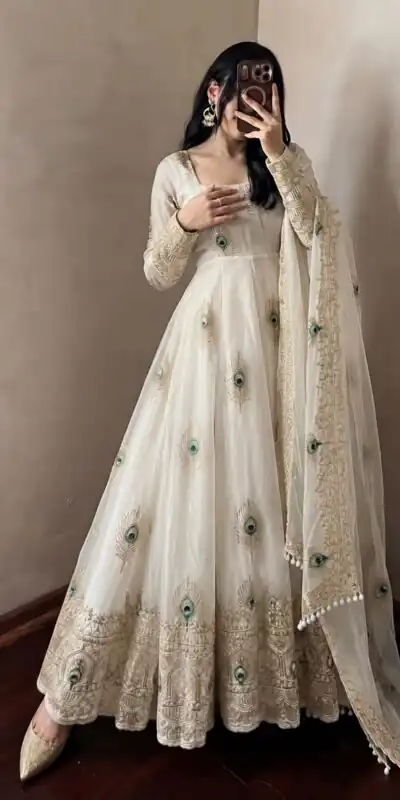 SRK 5372 White Fendy Silk Gown with Embroidery Work & Sequins Work. Special Price ₹2799. Delivery 4-6 Working Days. Shop now. | Gowns, Bollywood Gowns, Creative Gowns, Designer Gowns, Embroidered Gowns, Party Wear Gowns