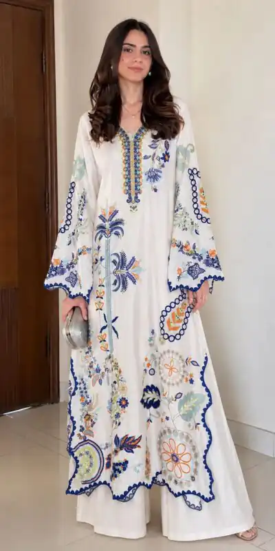 LG 2143 White Star Silk Salwar Suit with Embroidery Work & Sequins Work. Festive Deal ₹2399. Delivery 4-6 Working Days. Shop now. | Jump Suits, Salwar suit, Designer Suits, Casual Suits, Creative suits, Palazzo Suits, Party Wear Suits, Patiala Suits, Straight Suits
