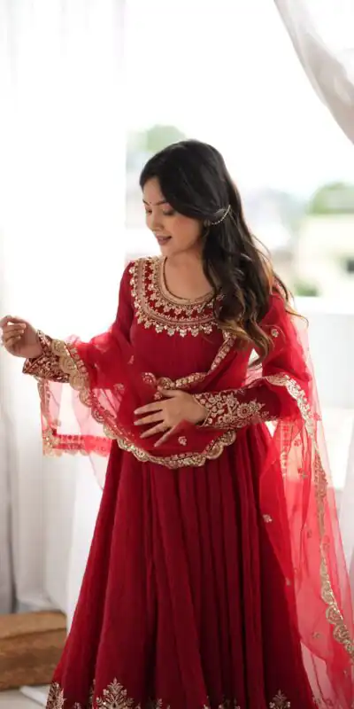 SR 1723 Maroon Doremon Crush Gown with Lace Work & Mirror Work. Exclusive Offer ₹2449. Delivery 4-6 Working Days. Shop now. | Gowns, Bollywood Gowns, Creative Gowns, Designer Gowns, Embroidered Gowns, Party Wear Gowns