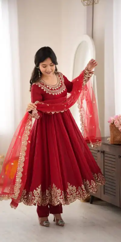 SR 1723 Maroon Doremon Crush Gown with Lace Work & Mirror Work. Exclusive Offer ₹2449. Delivery 4-6 Working Days. Shop now. | Gowns, Bollywood Gowns, Creative Gowns, Designer Gowns, Embroidered Gowns, Party Wear Gowns