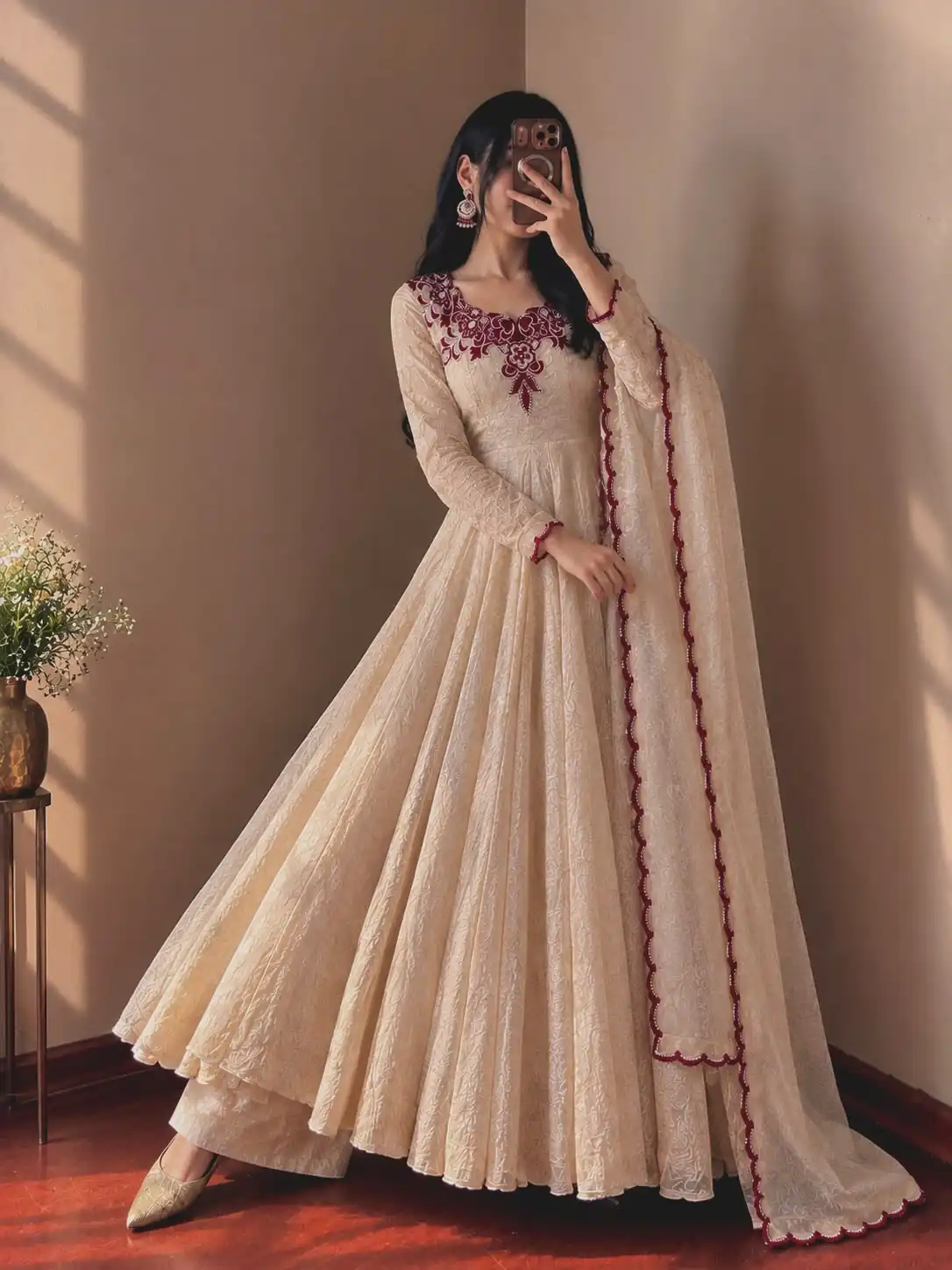 JF 058 Maroon Doremon Crush Gown with Lace Work & Mirror Work. Exclusive Offer ₹2399. Delivery 4-6 Working Days. Shop now. | Gowns, Bollywood Gowns, Creative Gowns, Designer Gowns, Embroidered Gowns, Party Wear Gowns