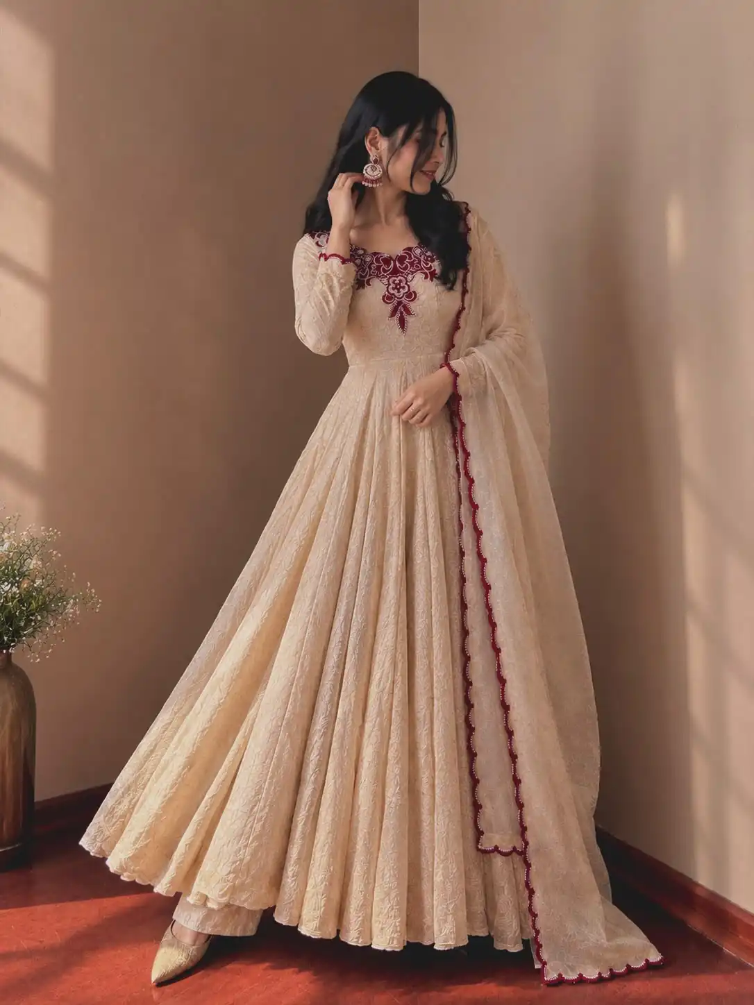 JF 058 Maroon Doremon Crush Gown with Lace Work & Mirror Work. Exclusive Offer ₹2399. Delivery 4-6 Working Days. Shop now. | Gowns, Bollywood Gowns, Creative Gowns, Designer Gowns, Embroidered Gowns, Party Wear Gowns