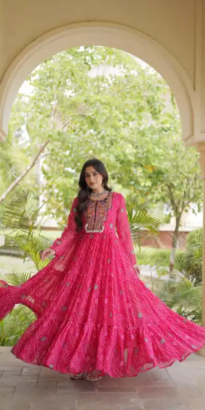 KA 1276 Pink in Colour Faux Georgette Bandhani Print Work Gown. Available at ₹2069 only. Delivery 4-6 Working Days. Shop now. | Gowns, Bollywood Gowns, Creative Gowns, Designer Gowns, Embroidered Gowns, Party Wear Gowns