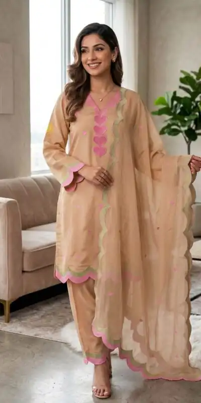 BE 490 Chiku Mul Chanderi Salwar Suit with Embroidery Work & Sequins Work. Festive Deal ₹2399. Delivery 4-6 Working Days. Shop nowp | Jump Suits, Salwar suit, Designer Suits, Casual Suits, Creative suits, Palazzo Suits, Party Wear Suits, Patiala Suits, Straight Suits