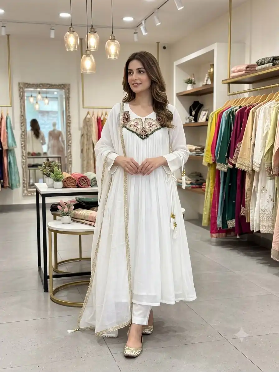 LG 2145 White Mul Chanderi Salwar Suit with Embroidery Work & Sequins Work. Festive Deal ₹2799. Delivery 4-6 Working Days. Shop nowp | Jump Suits, Salwar suit, Designer Suits, Casual Suits, Creative suits, Palazzo Suits, Party Wear Suits, Patiala Suits, Straight Suits