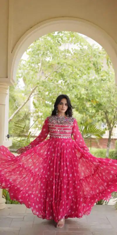 KA 1277 Pink in Colour Faux Georgette Bandhani Print Work Gown. Available at ₹2119 only. Delivery 4-6 Working Days. Shop now. | Gowns, Bollywood Gowns, Creative Gowns, Designer Gowns, Embroidered Gowns, Party Wear Gowns