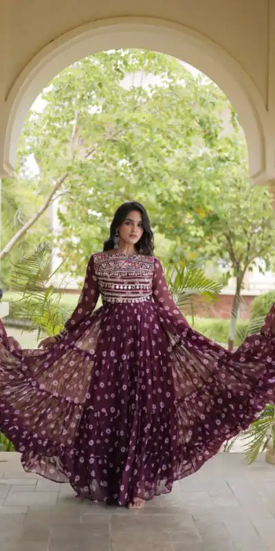 KA 1277 Wine in Colour Faux Georgette Bandhani Print Work Gown. Available at ₹2119 only. Delivery 4-6 Working Days. Shop now. | Gowns, Bollywood Gowns, Creative Gowns, Designer Gowns, Embroidered Gowns, Party Wear Gowns