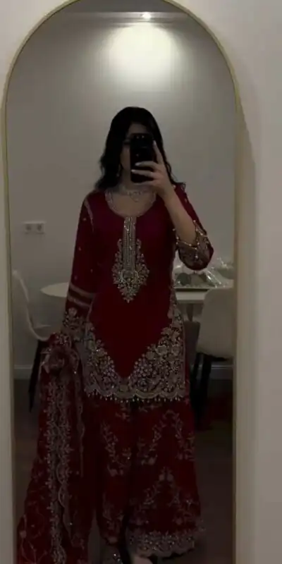 ZSR 3187 Maroon Faux Georgette Salwar Suit with Mirror Work & Embroidery Work. Get it for ₹2349. Delivery 4-6 Working Days. Shop now. | Jump Suits, Salwar suit, Designer Suits, Casual Suits, Creative suits, Palazzo Suits, Party Wear Suits, Patiala Suits, Straight Suits