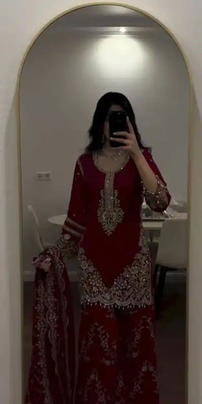 ZSR 3187 Maroon Faux Georgette Salwar Suit with Mirror Work & Embroidery Work. Get it for ₹2349. Delivery 4-6 Working Days. Shop now. | Jump Suits, Salwar suit, Designer Suits, Casual Suits, Creative suits, Palazzo Suits, Party Wear Suits, Patiala Suits, Straight Suits