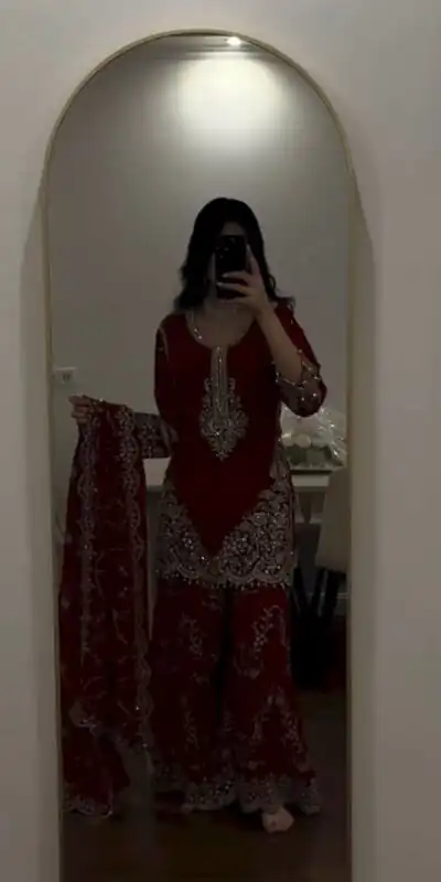 ZSR 3187 Maroon Faux Georgette Salwar Suit with Mirror Work & Embroidery Work. Get it for ₹2349. Delivery 4-6 Working Days. Shop now. | Jump Suits, Salwar suit, Designer Suits, Casual Suits, Creative suits, Palazzo Suits, Party Wear Suits, Patiala Suits, Straight Suits