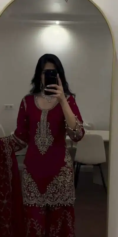 ZSR 3187 Maroon Faux Georgette Salwar Suit with Mirror Work & Embroidery Work. Get it for ₹2349. Delivery 4-6 Working Days. Shop now. | Jump Suits, Salwar suit, Designer Suits, Casual Suits, Creative suits, Palazzo Suits, Party Wear Suits, Patiala Suits, Straight Suits
