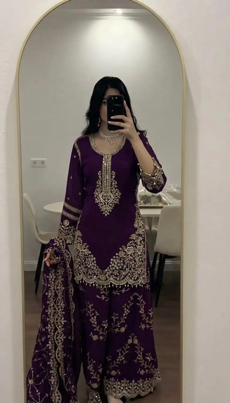 ZSR 3187 Purple Faux Georgette Salwar Suit with Mirror Work & Embroidery Work. Get it for ₹2349. Delivery 4-6 Working Days. Shop now. | Jump Suits, Salwar suit, Designer Suits, Casual Suits, Creative suits, Palazzo Suits, Party Wear Suits, Patiala Suits, Straight Suits