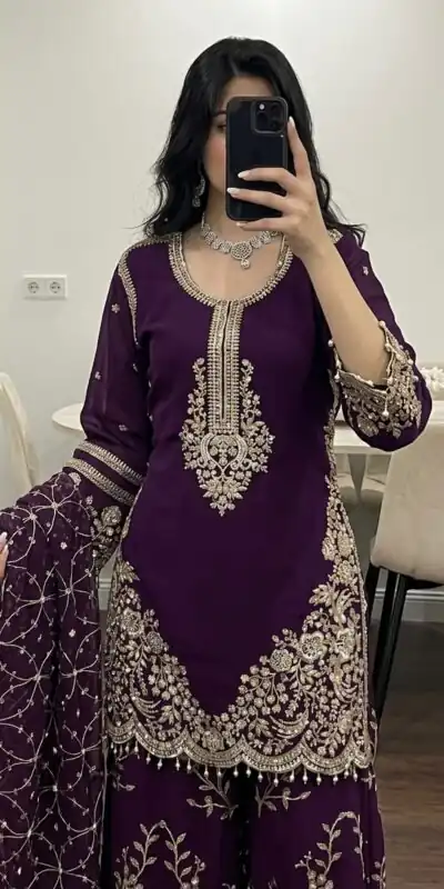 ZSR 3187 Purple Faux Georgette Salwar Suit with Mirror Work & Embroidery Work. Get it for ₹2349. Delivery 4-6 Working Days. Shop now. | Jump Suits, Salwar suit, Designer Suits, Casual Suits, Creative suits, Palazzo Suits, Party Wear Suits, Patiala Suits, Straight Suits