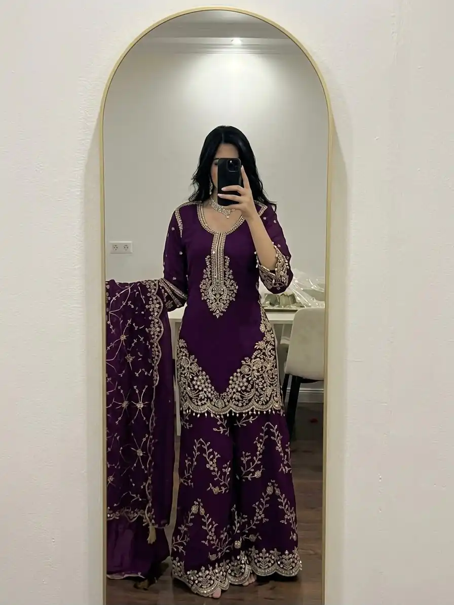 ZSR 3187 Purple Faux Georgette Salwar Suit with Mirror Work & Embroidery Work. Get it for ₹2349. Delivery 4-6 Working Days. Shop now. | Jump Suits, Salwar suit, Designer Suits, Casual Suits, Creative suits, Palazzo Suits, Party Wear Suits, Patiala Suits, Straight Suits