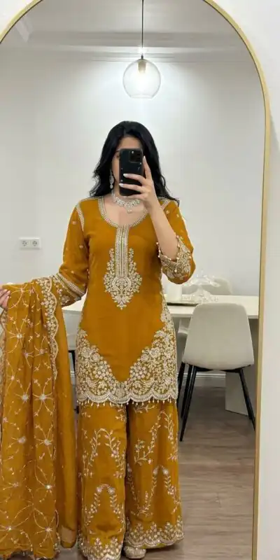 ZSR 3187 Yellow Faux Georgette Salwar Suit with Mirror Work & Embroidery Work. Get it for ₹2349. Delivery 4-6 Working Days. Shop now. | Jump Suits, Salwar suit, Designer Suits, Casual Suits, Creative suits, Palazzo Suits, Party Wear Suits, Patiala Suits, Straight Suits