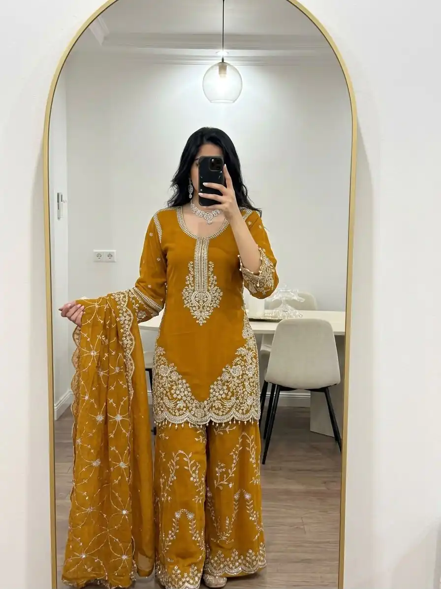 ZSR 3187 Yellow Faux Georgette Salwar Suit with Mirror Work & Embroidery Work. Get it for ₹2349. Delivery 4-6 Working Days. Shop now. | Jump Suits, Salwar suit, Designer Suits, Casual Suits, Creative suits, Palazzo Suits, Party Wear Suits, Patiala Suits, Straight Suits
