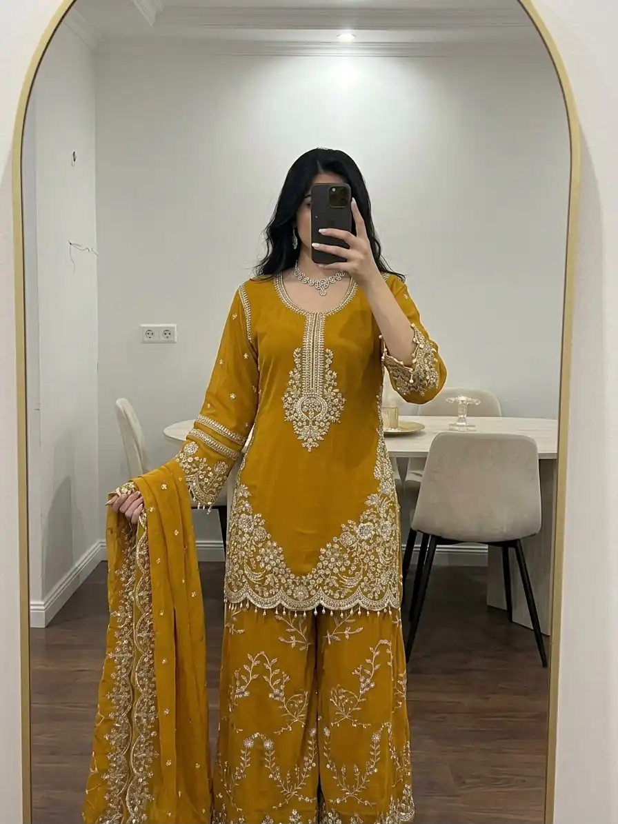 ZSR 3187 Yellow Faux Georgette Salwar Suit with Mirror Work & Embroidery Work. Get it for ₹2349. Delivery 4-6 Working Days. Shop now. | Jump Suits, Salwar suit, Designer Suits, Casual Suits, Creative suits, Palazzo Suits, Party Wear Suits, Patiala Suits, Straight Suits
