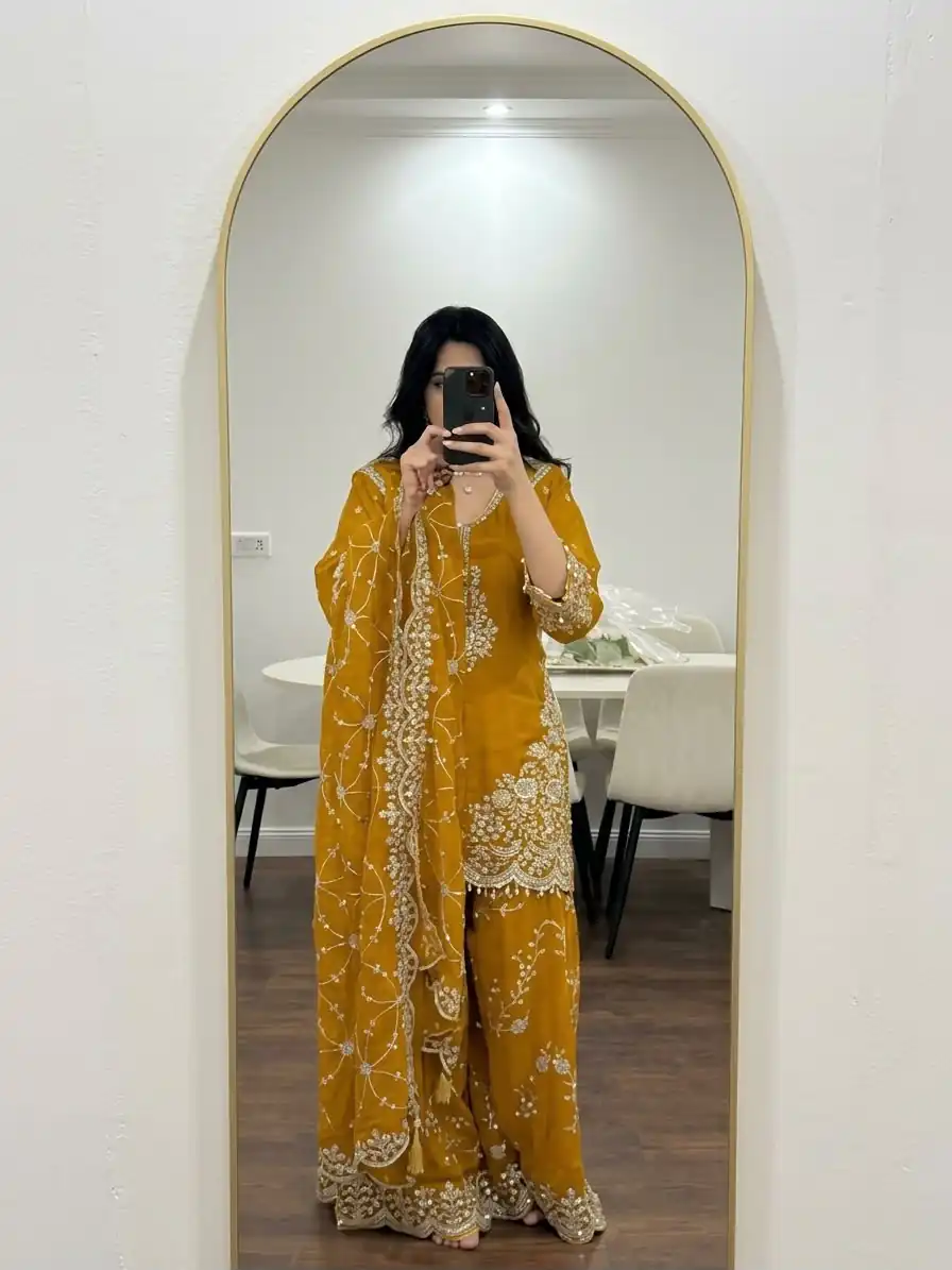 ZSR 3187 Yellow Faux Georgette Salwar Suit with Mirror Work & Embroidery Work. Get it for ₹2349. Delivery 4-6 Working Days. Shop now. | Jump Suits, Salwar suit, Designer Suits, Casual Suits, Creative suits, Palazzo Suits, Party Wear Suits, Patiala Suits, Straight Suits