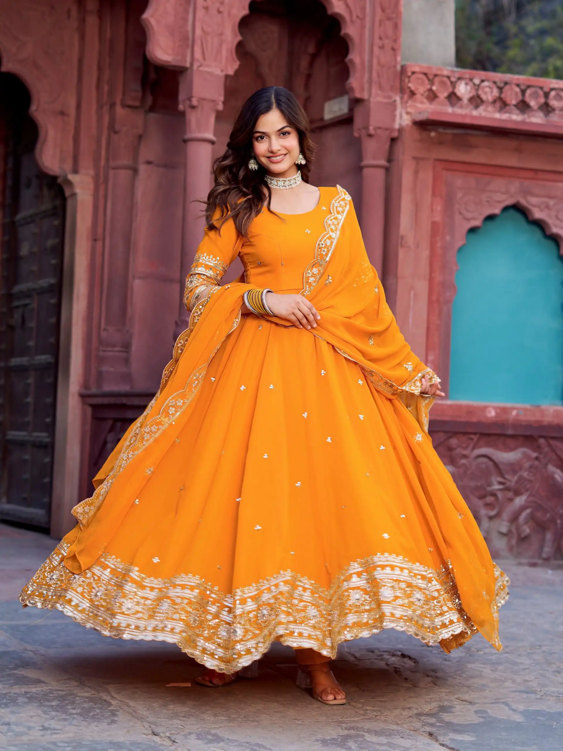 SP 23 Yellow Faux Georgette Gown with Mirror Work & Embroidery Work. Get it for ₹2299. Delivery 4-6 Working Days. Online Shop now. | Gowns, Bollywood Gowns, Creative Gowns, Designer Gowns, Embroidered Gowns, Party Wear Gowns
