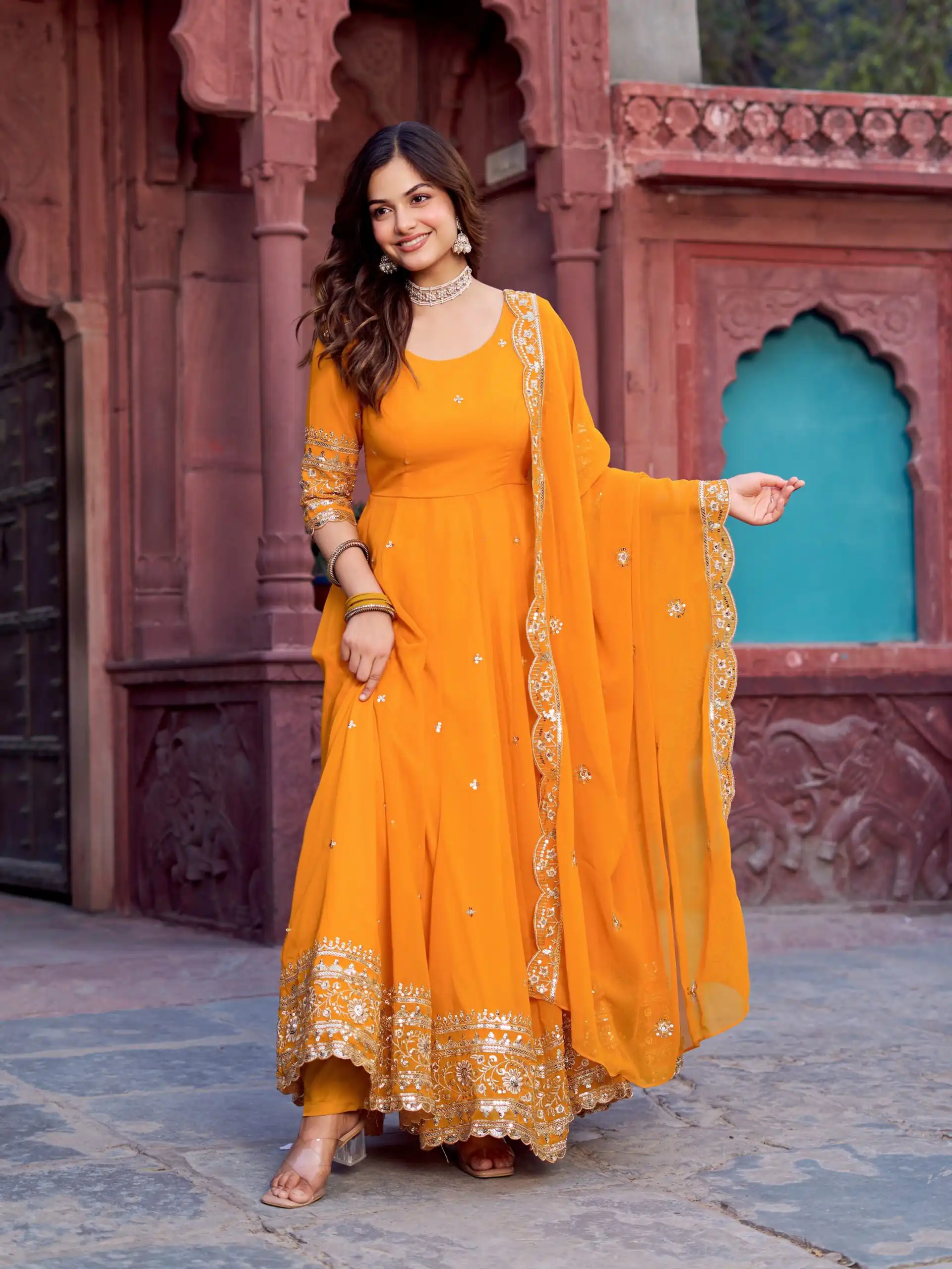 SP 23 Yellow Faux Georgette Gown with Mirror Work & Embroidery Work. Get it for ₹2299. Delivery 4-6 Working Days. Online Shop now. | Gowns, Bollywood Gowns, Creative Gowns, Designer Gowns, Embroidered Gowns, Party Wear Gowns