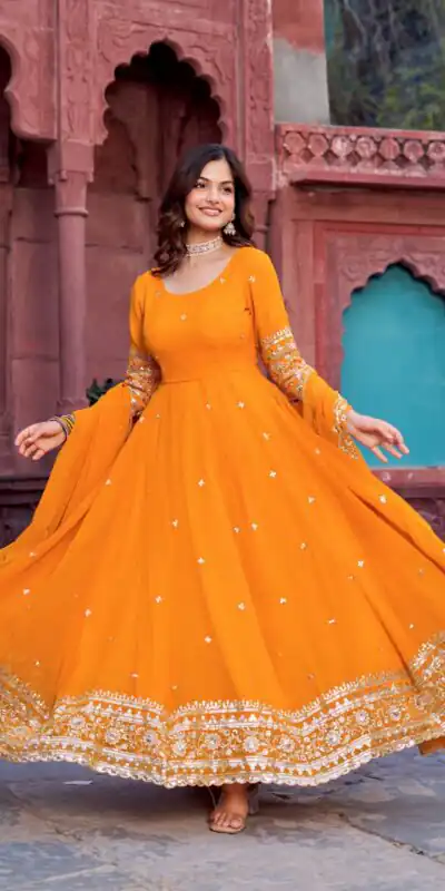 SP 23 Yellow Faux Georgette Gown with Mirror Work & Embroidery Work. Get it for ₹2299. Delivery 4-6 Working Days. Online Shop now. | Gowns, Bollywood Gowns, Creative Gowns, Designer Gowns, Embroidered Gowns, Party Wear Gowns