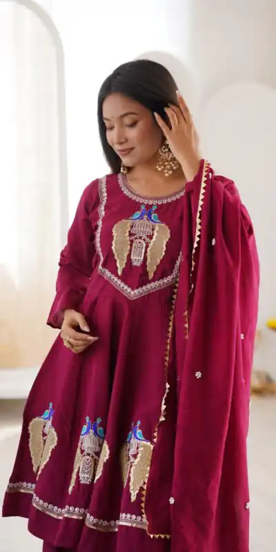 NSR 916 Maroon Roman Silk Salwar Suit with Sequins Work & Embroidery Work. Available at ₹2399 only. Delivery 4-6 Working Days. Shop now. | Jump Suits, Salwar suit, Designer Suits, Casual Suits, Creative suits, Palazzo Suits, Party Wear Suits, Patiala Suits, Straight Suits