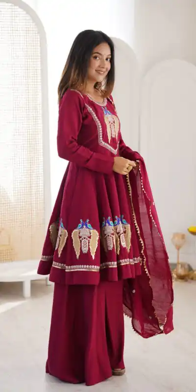 NSR 916 Maroon Roman Silk Salwar Suit with Sequins Work & Embroidery Work. Available at ₹2399 only. Delivery 4-6 Working Days. Shop now. | Jump Suits, Salwar suit, Designer Suits, Casual Suits, Creative suits, Palazzo Suits, Party Wear Suits, Patiala Suits, Straight Suits