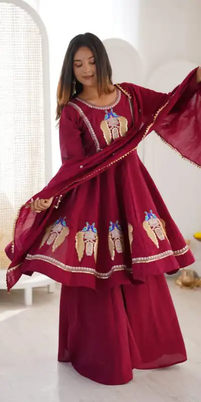 NSR 916 Maroon Roman Silk Salwar Suit with Sequins Work & Embroidery Work. Available at ₹2399 only. Delivery 4-6 Working Days. Shop now. | Jump Suits, Salwar suit, Designer Suits, Casual Suits, Creative suits, Palazzo Suits, Party Wear Suits, Patiala Suits, Straight Suits