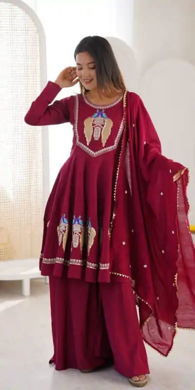 NSR 916 Maroon Roman Silk Salwar Suit with Sequins Work & Embroidery Work. Available at ₹2399 only. Delivery 4-6 Working Days. Shop now. | Jump Suits, Salwar suit, Designer Suits, Casual Suits, Creative suits, Palazzo Suits, Party Wear Suits, Patiala Suits, Straight Suits