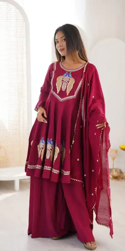 NSR 916 Maroon Roman Silk Salwar Suit with Sequins Work & Embroidery Work. Available at ₹2399 only. Delivery 4-6 Working Days. Shop now. | Jump Suits, Salwar suit, Designer Suits, Casual Suits, Creative suits, Palazzo Suits, Party Wear Suits, Patiala Suits, Straight Suits
