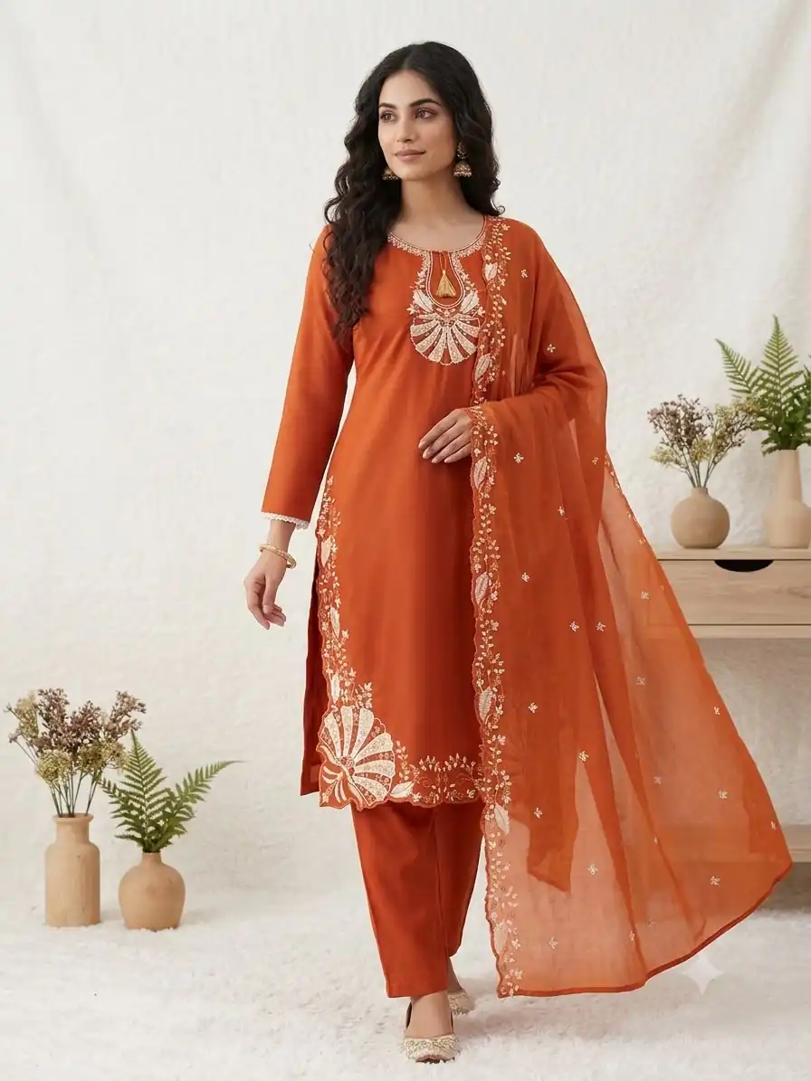 BE 502 Orange Roman Silk Salwar Suit with Sequins Work & Embroidery Work. Available at ₹2199 only. Delivery 4-6 Working Days. Shop now. | Jump Suits, Salwar suit, Designer Suits, Casual Suits, Creative suits, Palazzo Suits, Party Wear Suits, Patiala Suits, Straight Suits