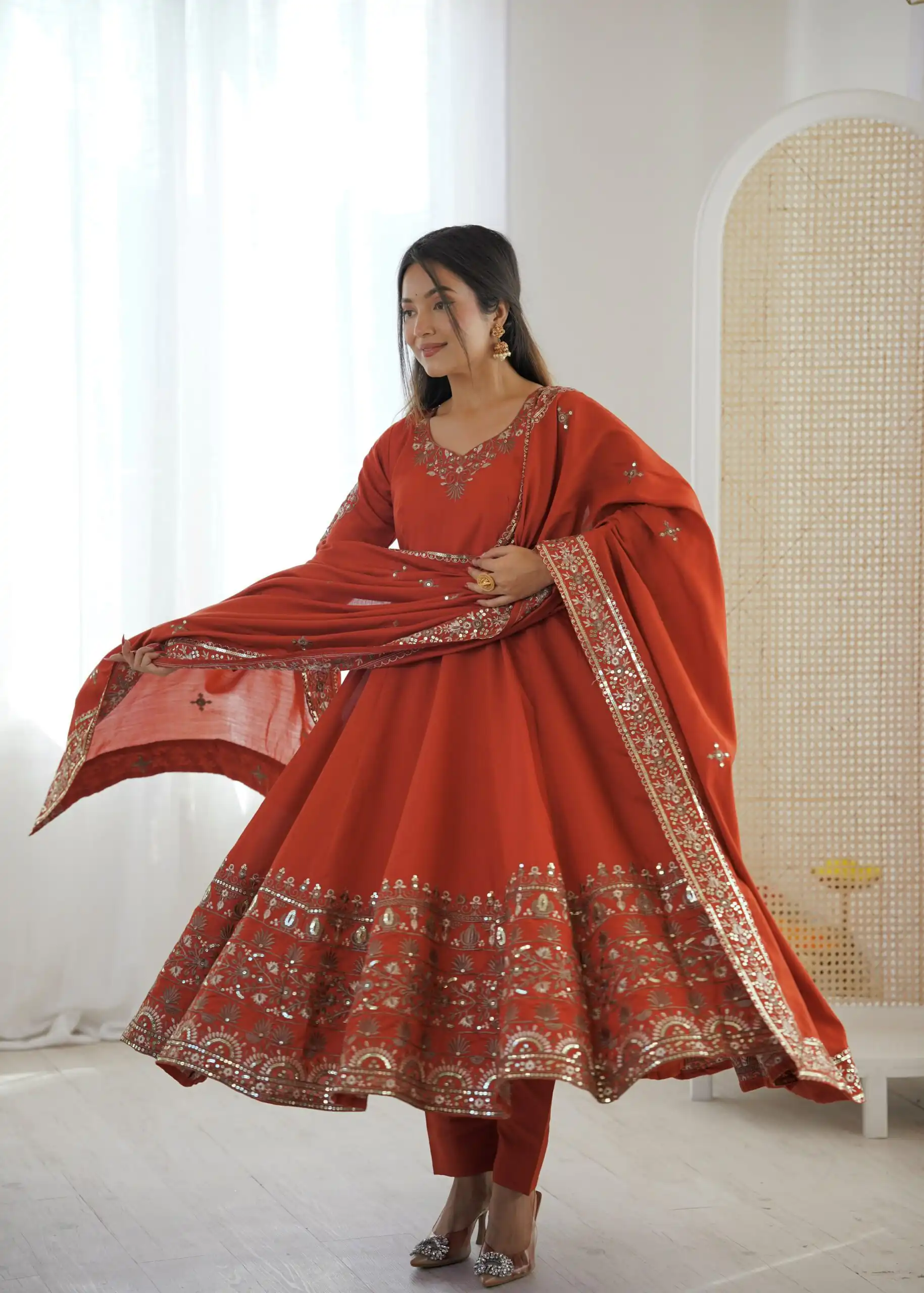 ZF 5016 Orange Roman Silk Gown with Embroidery Work. Wedding, Party, Festive, Events, Navratri, Exclusive Offer ₹2499. Delivery 4-6 Working Days. Shop now. | Gowns, Bollywood Gowns, Creative Gowns, Designer Gowns, Embroidered Gowns, Party Wear Gowns