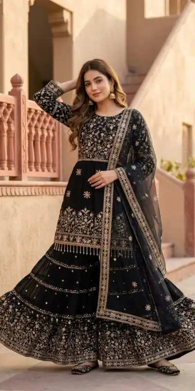 KF 1735 Black Faux Georgette Salwar Suit with Mirror Work & Embroidery Work. Get it for ₹2949. Delivery 4-6 Working Days. Shop now. | Jump Suits, Salwar suit, Designer Suits, Casual Suits, Creative suits, Palazzo Suits, Party Wear Suits, Patiala Suits, Straight Suits