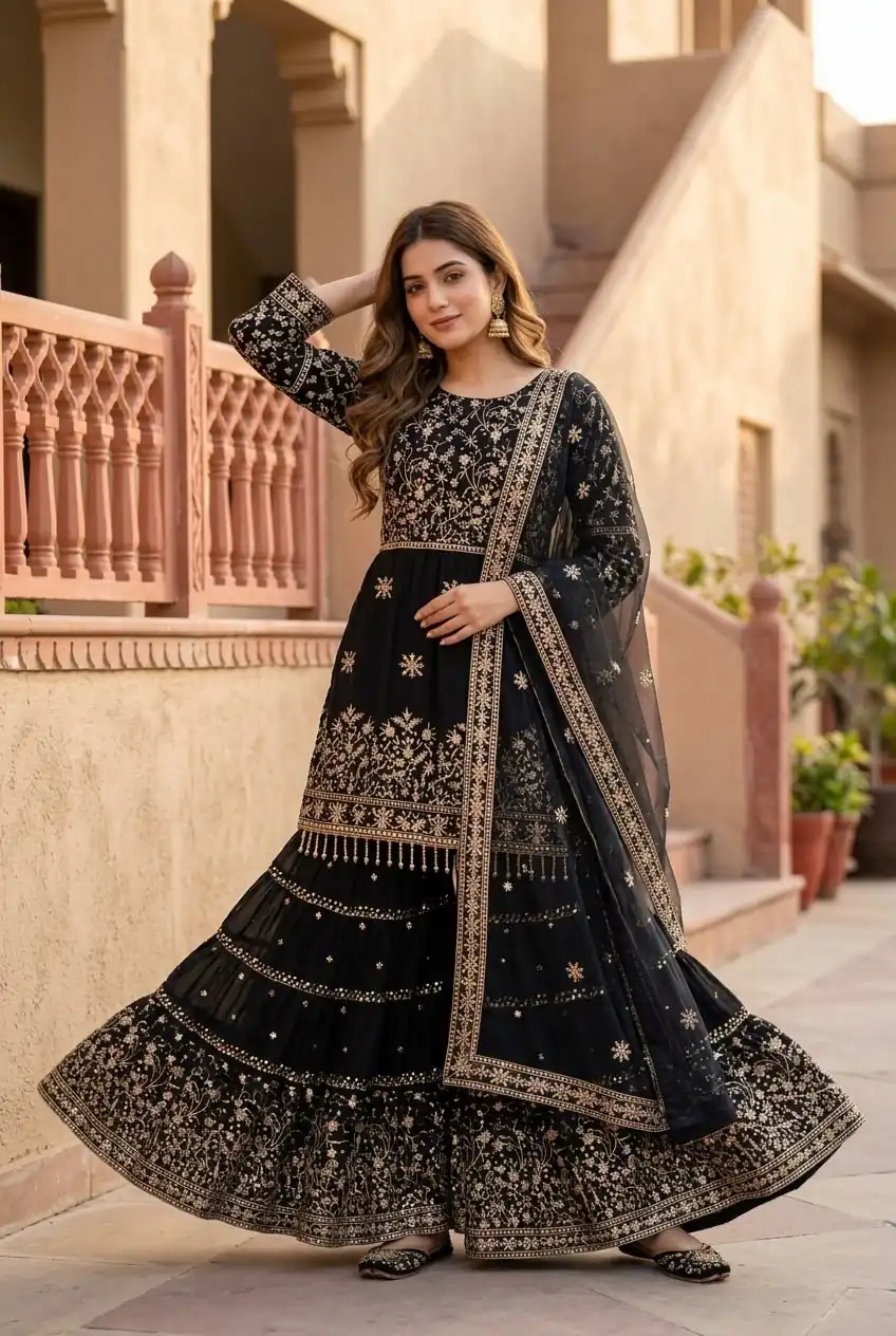 KF 1735 Black Faux Georgette Salwar Suit with Mirror Work & Embroidery Work. Get it for ₹2949. Delivery 4-6 Working Days. Shop now. | Jump Suits, Salwar suit, Designer Suits, Casual Suits, Creative suits, Palazzo Suits, Party Wear Suits, Patiala Suits, Straight Suits