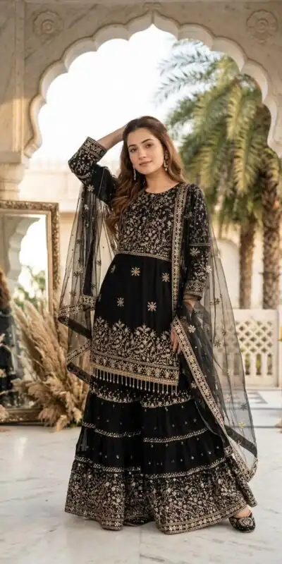 KF 1735 Black Faux Georgette Salwar Suit with Mirror Work & Embroidery Work. Get it for ₹2949. Delivery 4-6 Working Days. Shop now. | Jump Suits, Salwar suit, Designer Suits, Casual Suits, Creative suits, Palazzo Suits, Party Wear Suits, Patiala Suits, Straight Suits