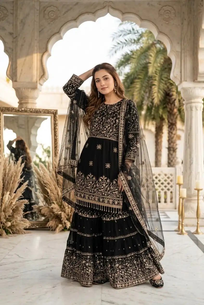 KF 1735 Black Faux Georgette Salwar Suit with Mirror Work & Embroidery Work. Get it for ₹2949. Delivery 4-6 Working Days. Shop now. | Jump Suits, Salwar suit, Designer Suits, Casual Suits, Creative suits, Palazzo Suits, Party Wear Suits, Patiala Suits, Straight Suits