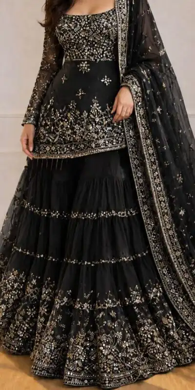 KF 1735 Black Faux Georgette Salwar Suit with Mirror Work & Embroidery Work. Get it for ₹2949. Delivery 4-6 Working Days. Shop now. | Jump Suits, Salwar suit, Designer Suits, Casual Suits, Creative suits, Palazzo Suits, Party Wear Suits, Patiala Suits, Straight Suits