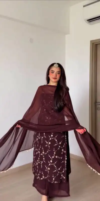 RTC 6067 Brown Faux Georgette Salwar Suit with Mirror Work & Embroidery Work. Get it for ₹2049. Delivery 4-6 Working Days. Shop now. | Jump Suits, Salwar suit, Designer Suits, Casual Suits, Creative suits, Palazzo Suits, Party Wear Suits, Patiala Suits, Straight Suits