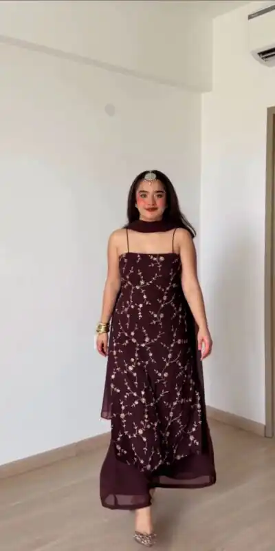 RTC 6067 Brown Faux Georgette Salwar Suit with Mirror Work & Embroidery Work. Get it for ₹2049. Delivery 4-6 Working Days. Shop now. | Jump Suits, Salwar suit, Designer Suits, Casual Suits, Creative suits, Palazzo Suits, Party Wear Suits, Patiala Suits, Straight Suits