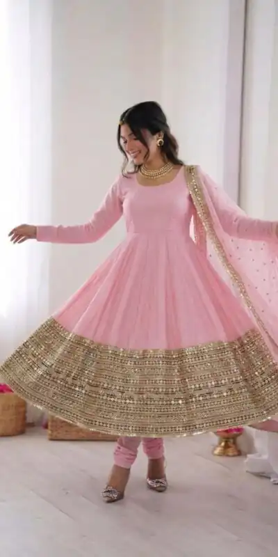 ZSR 3152 Pink Color Roman silk Gown with Embroidery Work & Lace Work. Grab it for ₹2599. Delivery 4-6 Working Days. Shop now. | Gowns, Bollywood Gowns, Creative Gowns, Designer Gowns, Embroidered Gowns, Party Wear Gowns