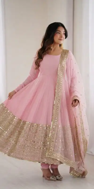 ZSR 3152 Pink Color Roman silk Gown with Embroidery Work & Lace Work. Grab it for ₹2599. Delivery 4-6 Working Days. Shop now. | Gowns, Bollywood Gowns, Creative Gowns, Designer Gowns, Embroidered Gowns, Party Wear Gowns